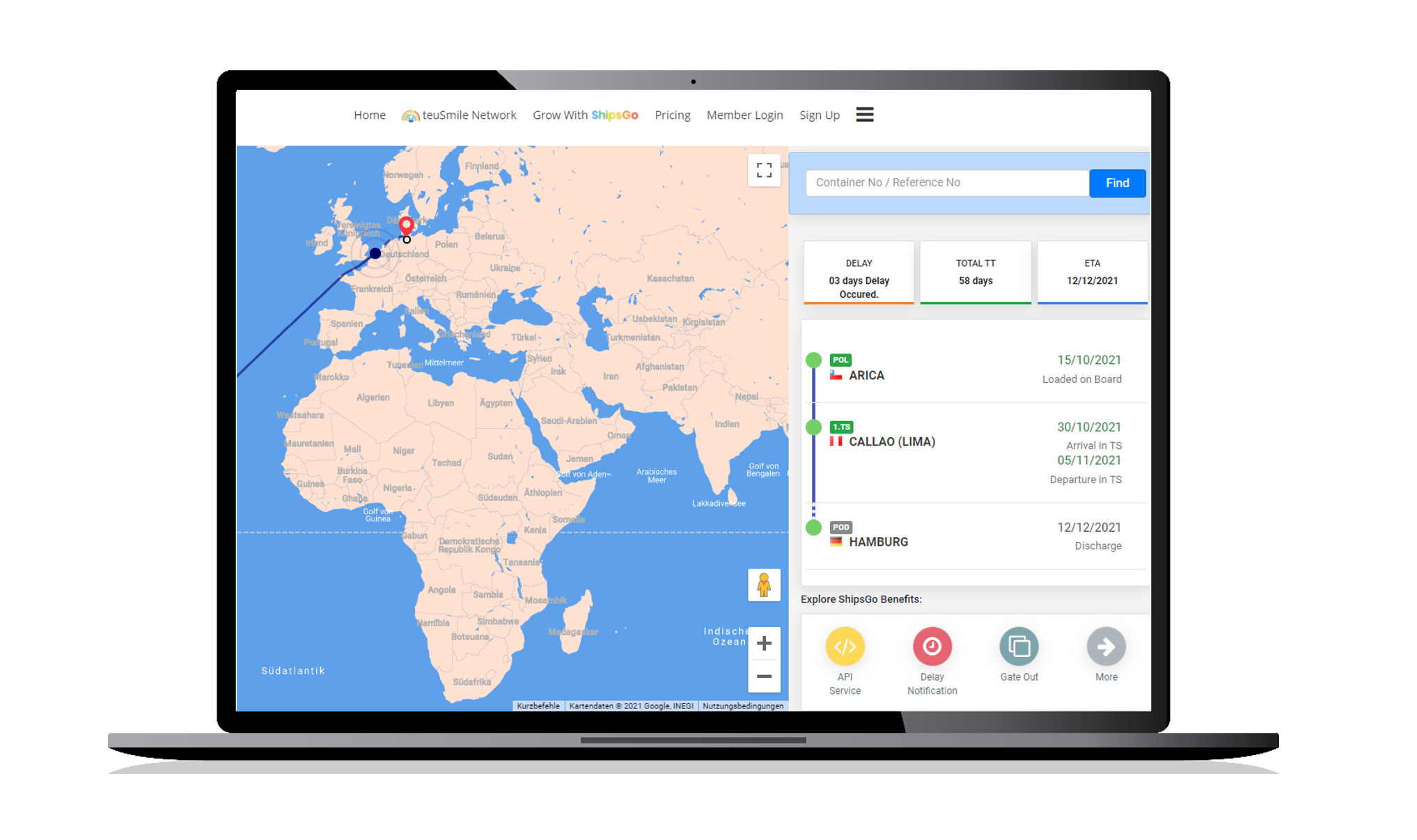 Ansicht von Lieferungen im Container-Tracking-Tool