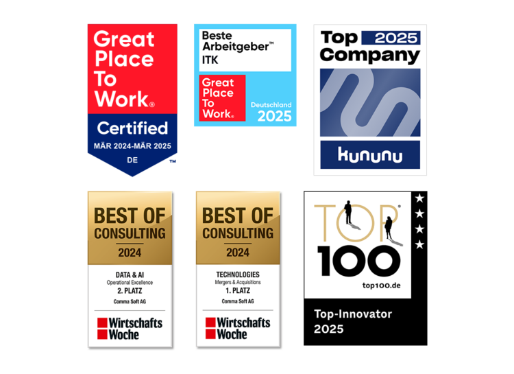 Comma Soft Siegel Collage 2025: Great Place to Work, Top Company Kununu, Best of Consulting, Top Innovator