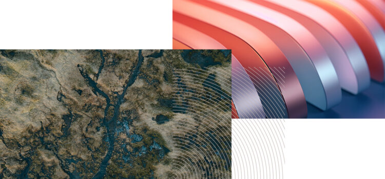 abstraktes Schmuckbild und Impuls als Collage mit einem Drohnen-Landschaftsbild in der Makroaufnahme